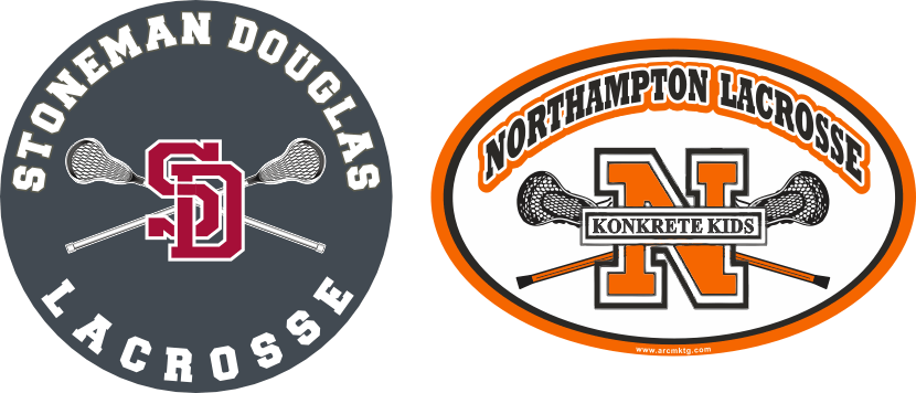 Lacrosse Car Magnets – Stoneman Douglas and Northampton Designs Custom lacrosse car magnets for Stoneman Douglas and Northampton teams, featuring round and oval shapes with crossed stick graphics.