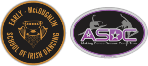 Two custom dance school car magnets: one for Early–McLoughlin School of Irish Dancing, one for ASDC with slogan “Making Dance Dreams Come True.”