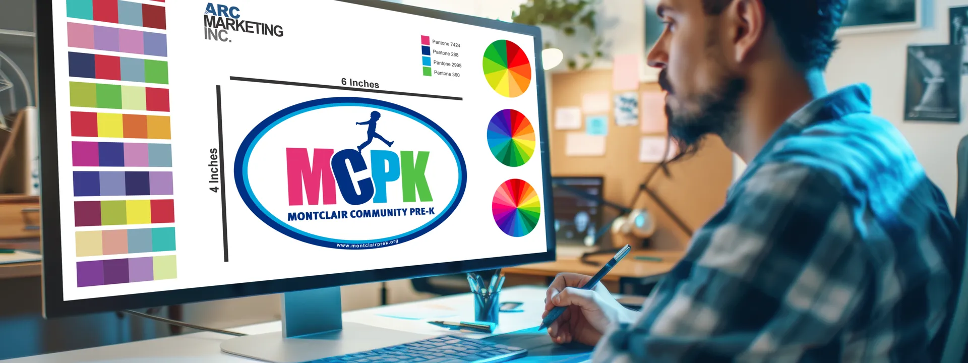 ARC Marketing designer creating custom car magnet mockups at computer